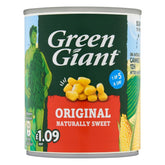 The Green Giant - Original Naturally Sweet 198g can, priced at £1.09, features vibrant corn imagery. Ideal for infusing meals with naturally sweet flavor, one serving contributes to your daily recommended five portions. Discover delicious recipe ideas on the label!